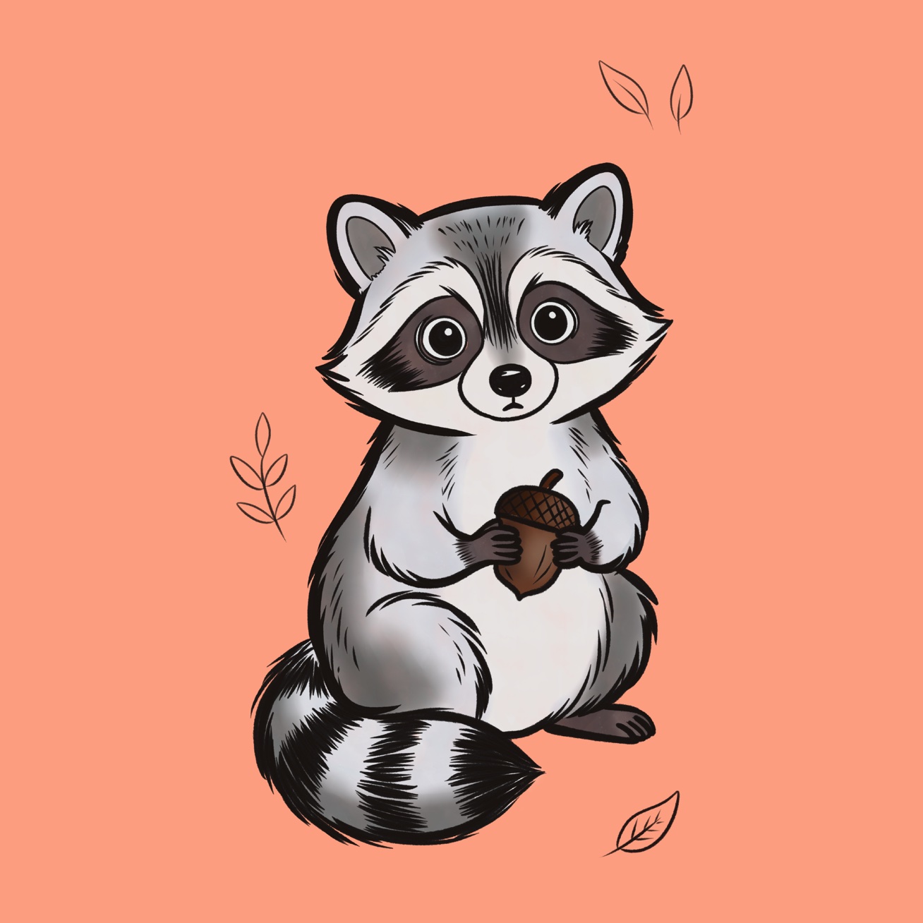 Seated raccoon holding an acorn on coral