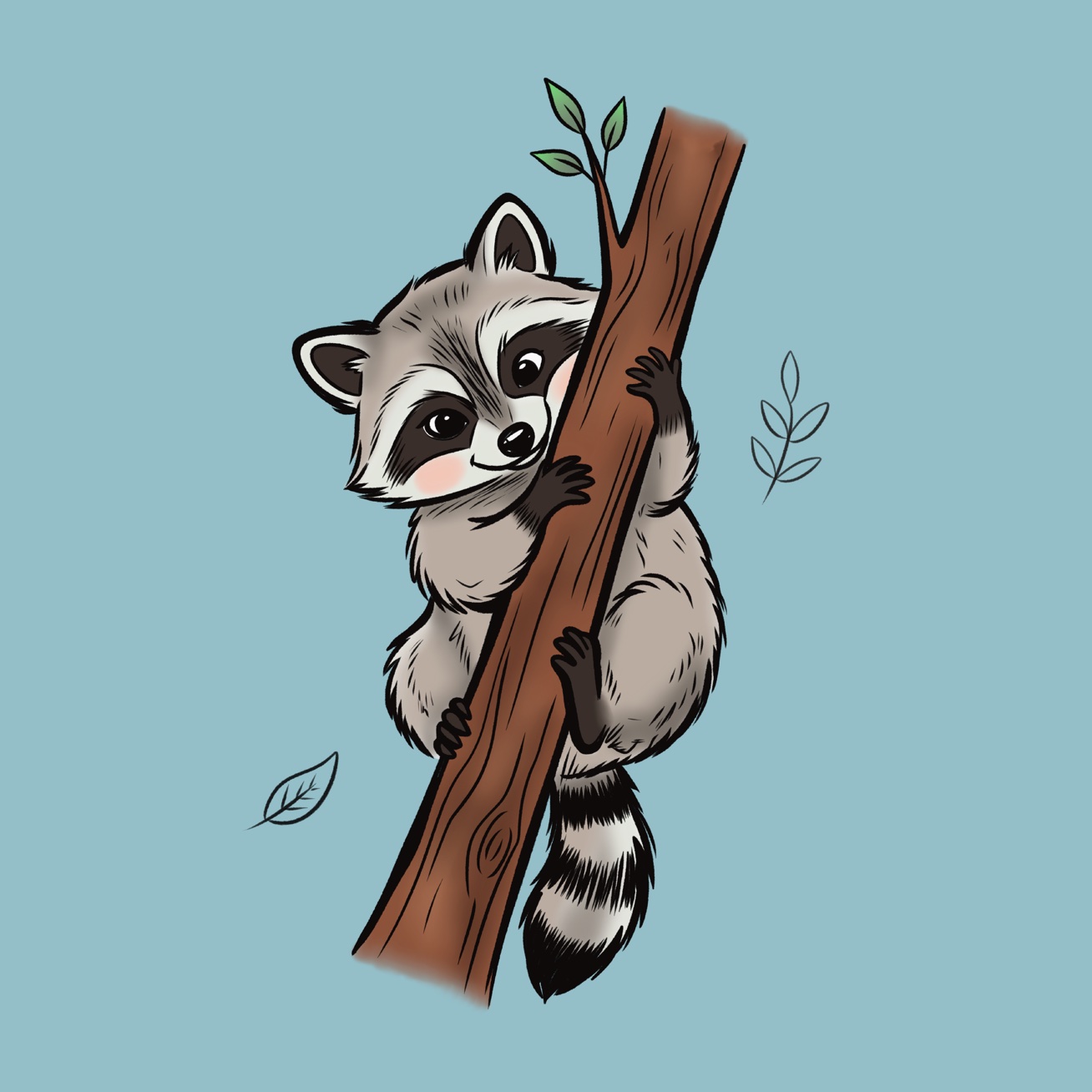 Raccoon hugging a tree trunk on dusty blue