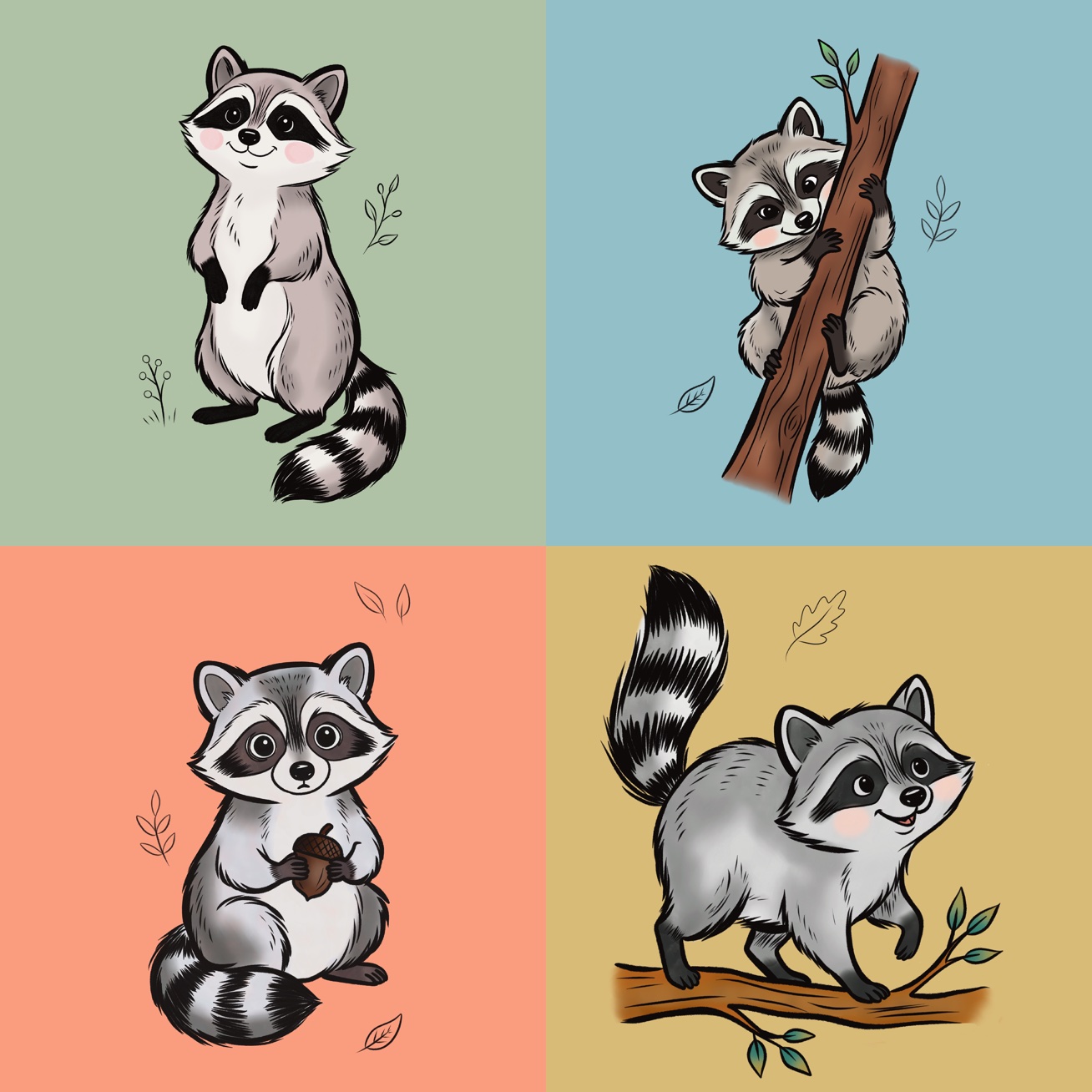 Four hand-drawn raccoons on sage, blue, coral, and mustard backgrounds: standing, climbing, holding an acorn, and walking on a branch