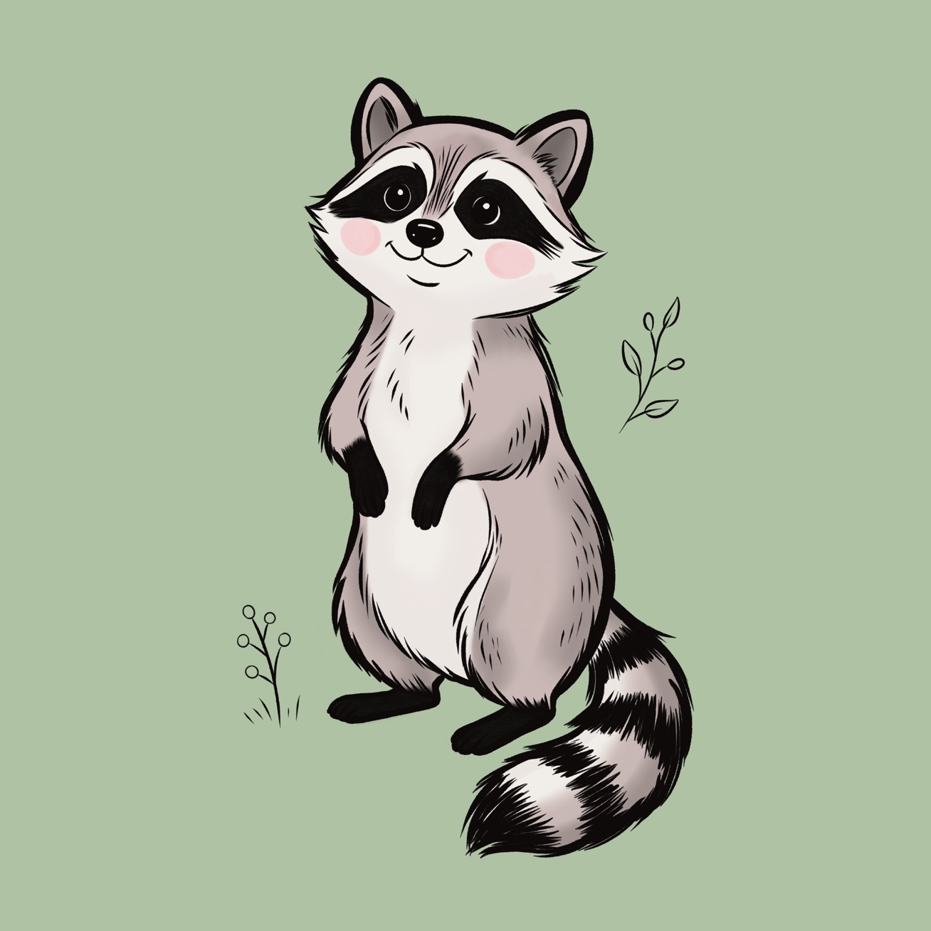 Hand-drawn raccoon standing upright on a soft sage background