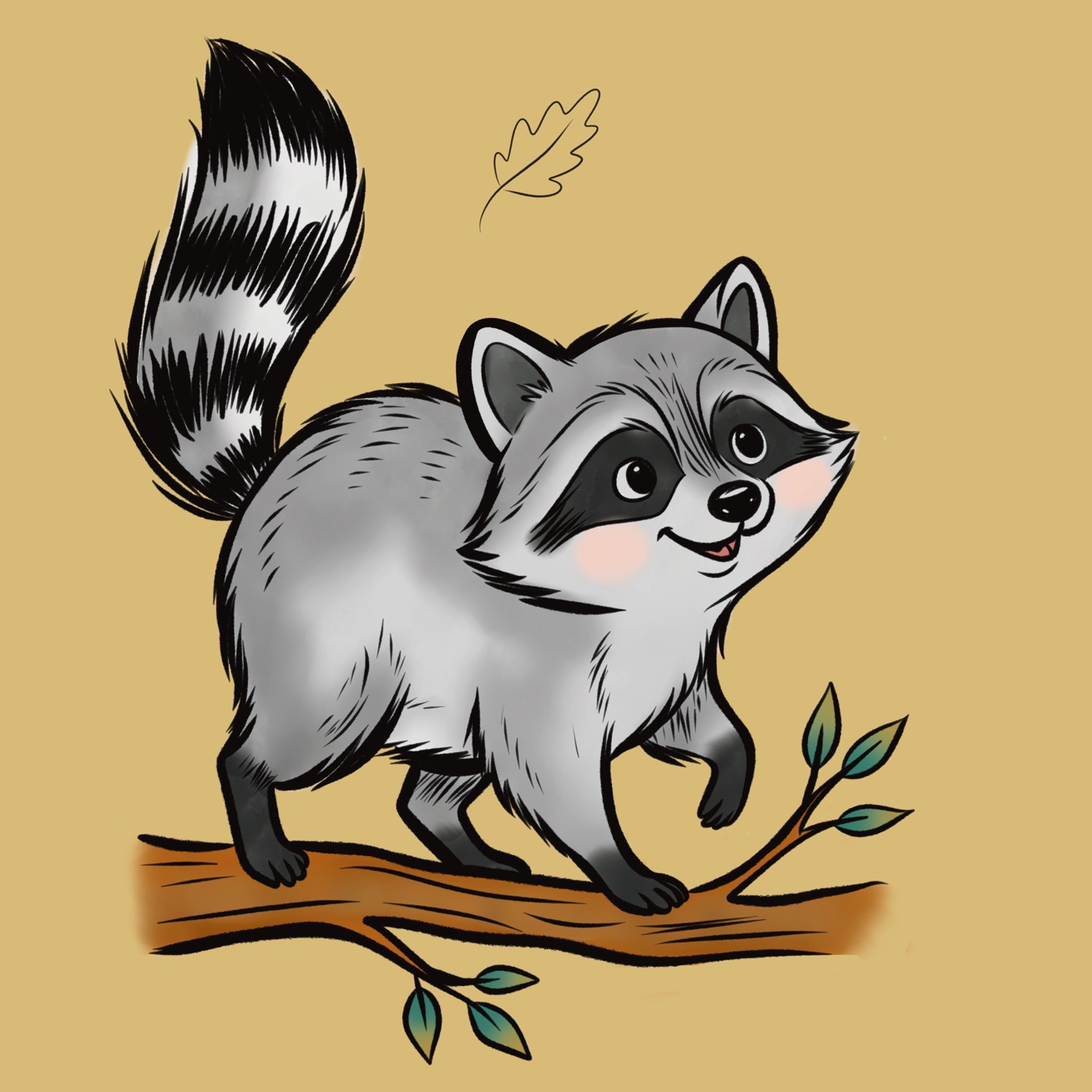 Raccoon walking along a branch on mustard