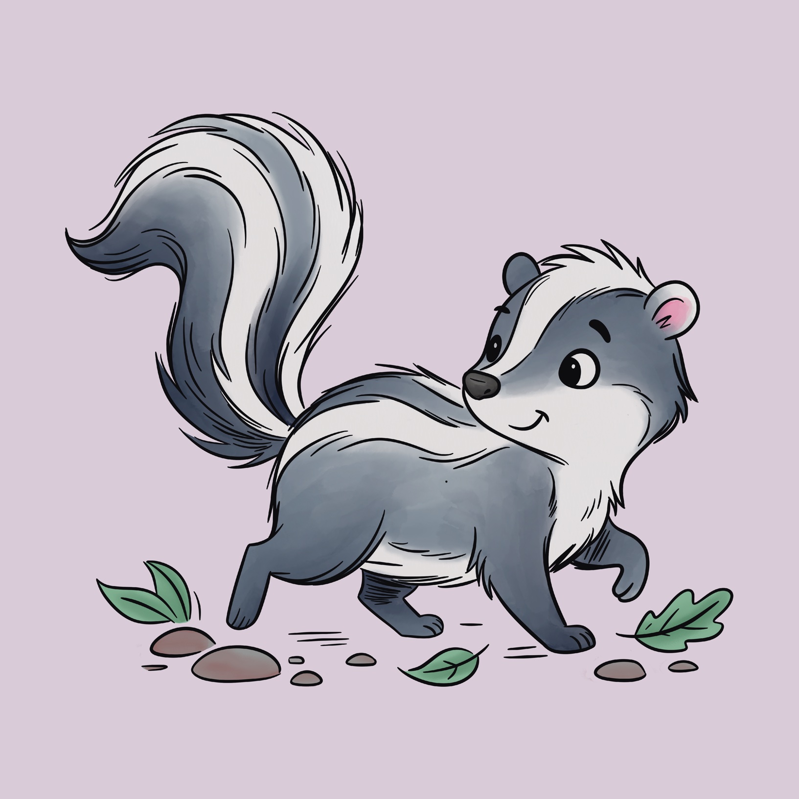 Hand-drawn skunk walking and looking back, on a soft lavender background with scattered leaves and stones